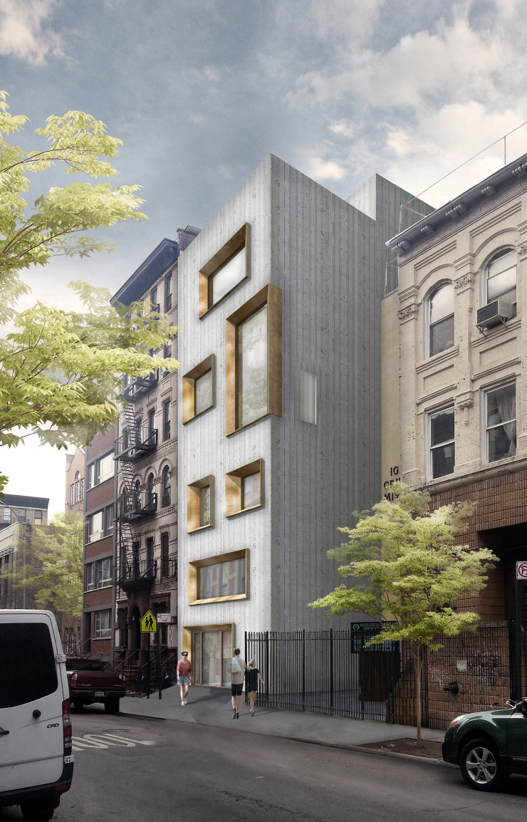 Pour cette maison de ville située à Manhattan (New York), sur la 7e Rue, l’architecte Alireza Razavi a eu recours au béton matricé en façade et au bronze pour les encadrements de fenêtre. Un projet influencé par l’art contemporain.