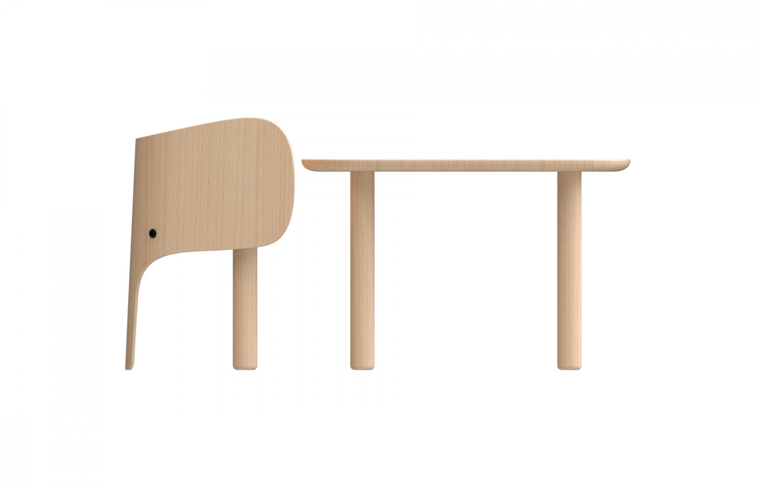 Table et chaise Elephant, en hêtre, design Marc Venot, 275 € et 299 €. Elements Optimal.