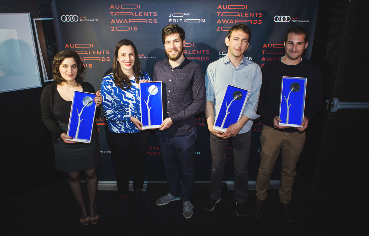 Les lauréats 2016 des Audi Talents Awards : Théodora Bara (art), Marion Pinaffo & Raphaël Pluviage (design), Jérôme Blanquet (court métrage) et Romain Benitez (musique à l’image).