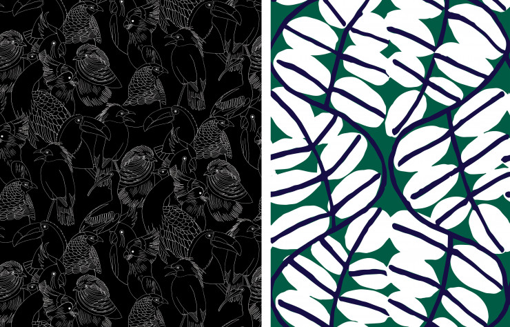 Chez Monoprix, les motifs oiseaux (gauche) et feuillage (droite) transforment les intérieurs en jungle urbaine.