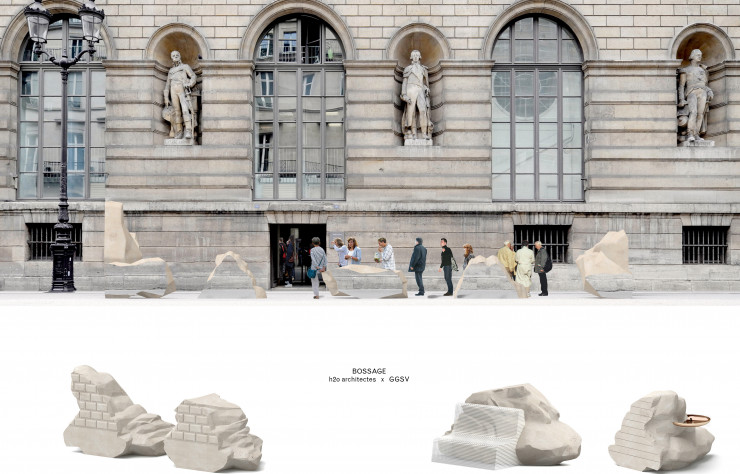 Le studio de design GGSV s’est associé aux architectes de  h2o pour élaborer des barrières de protection urbaines sculptés dans la pierre du bassin parisien. Les éléments du projet « Bossage » adoptent des formes archétypales de la ville de Paris.