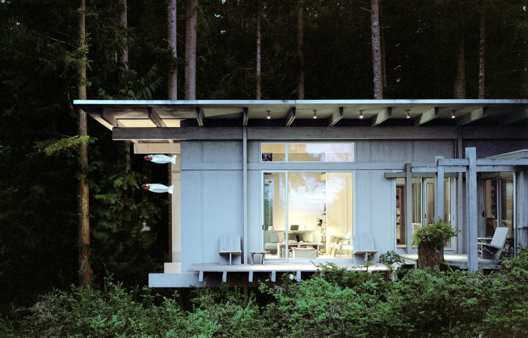 Une modeste plateforme-terrasse en bois fait office de circulation extérieure, la préférée de Jim Olson, afin de préserver le calme intérieur.