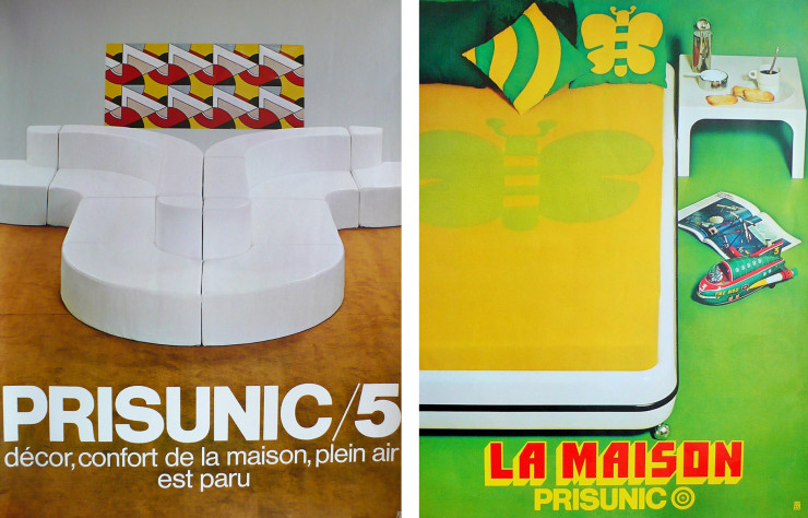 Deux couvertures de catalogues avec, à droite, le lit monobloc en plastique moulé dessiné par Marc Held.