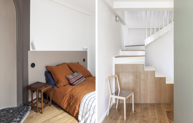 Dans ce logement de 100 m2, à Pigalle (qui réunit trois appartements), l’escalier en tôle pliée et en chêne a été dessiné par Atelier Steve. Chaise prêtée par Malherbe Édition.