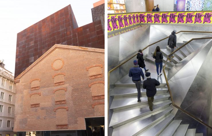 Ancienne centrale électrique rénovée par Herzog & de Meuron, CaixaForum Madrid dévoile plusieurs expositions autour de son escalier métallisé.