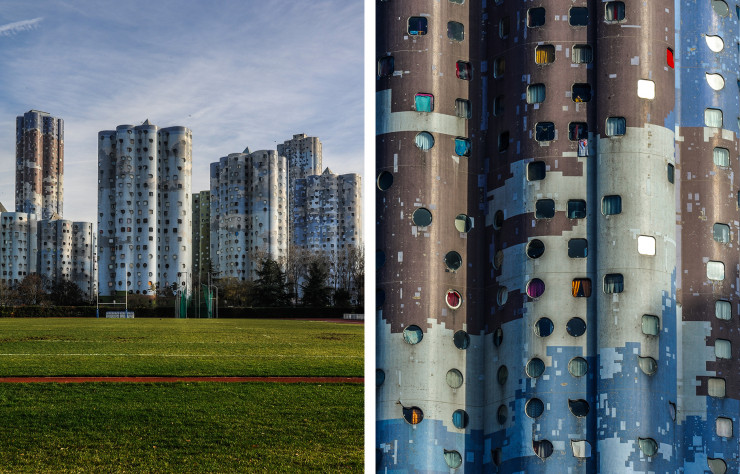 Les 18 tours en forme de paysage céleste érigées par Émile Aillaud à Nanterre à la fin des années 70 ont été recouvertes par l’artiste Fabio Reti de motifs nuageux qui les font se confondre avec le ciel des Hauts-de- Seine.