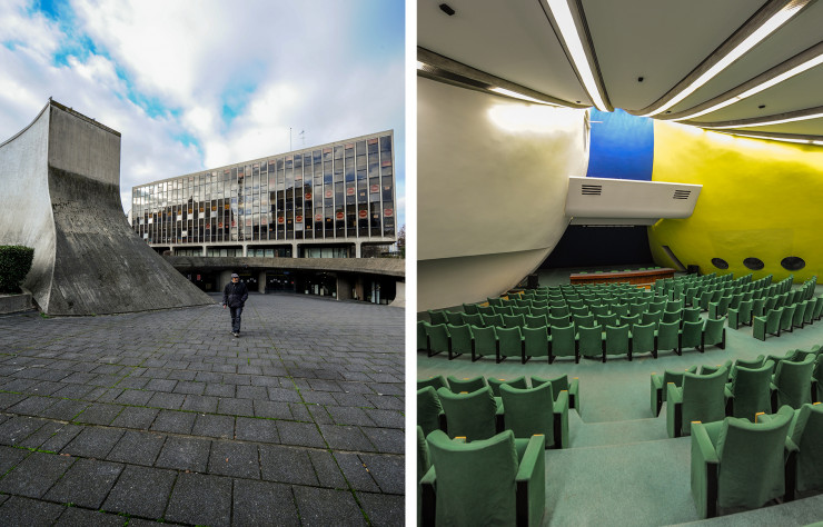 C’est le chef-d’oeuvre méconnu d’Oscar Niemeyer. La Bourse départementale du travail de la Seine-Saint-Denis (1978), à Bobigny, consiste en un auditorium enfoui à la forme élancée qui rejoint, par les sous-sols, un parallélépipède strict où s’étagent les bureaux de l’institution.