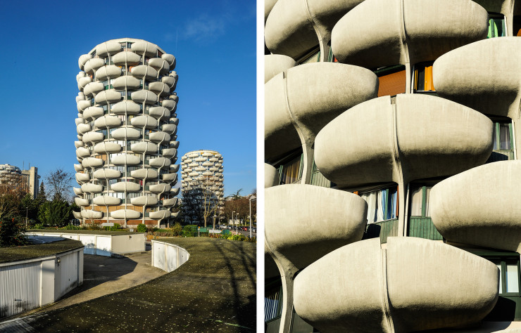 Les Choux (1969-74) de Gérard Grandval, comme de drôles de totems, s’élèvent aux abords du lac de Créteil, une zone où les architectes s’en sont donné à coeur joie dans les années 70