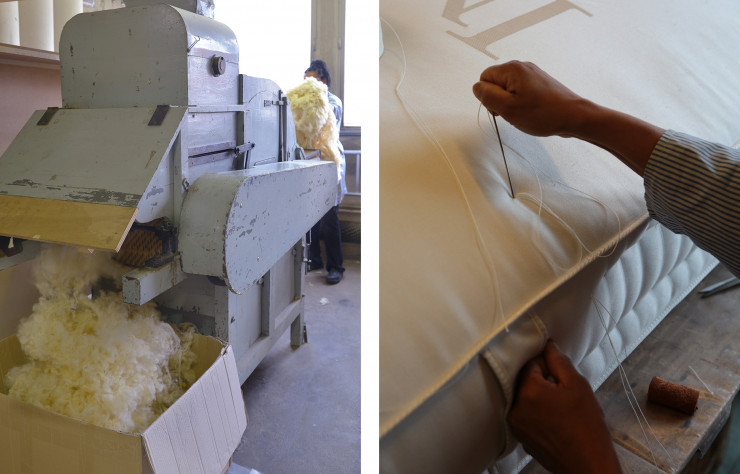 Dans l’atelier de confection des matelas, une machine carde la laine de mouton tondue, qui a été au préalable lavée à l’eau. On réalise ensuite la piqûre de bande à main levée.