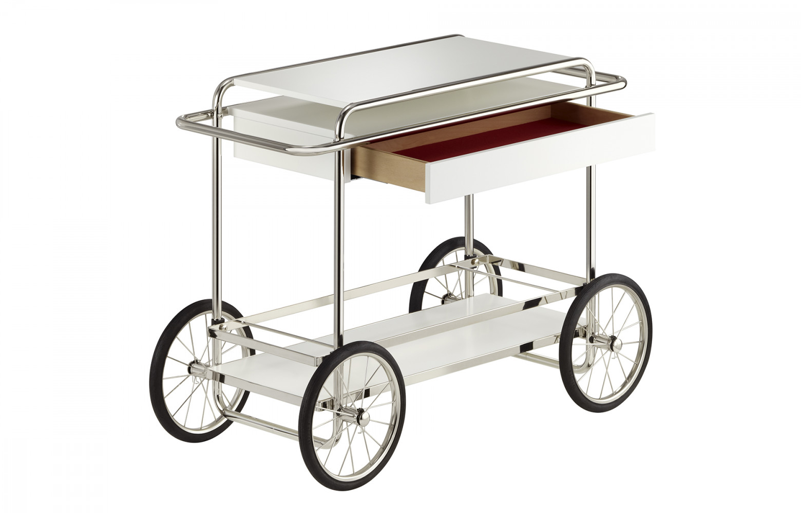 Desserte-chariot à servir « M4R » esprit Bauhaus, en acier nickelé, à partir de 998 €. Tecta.