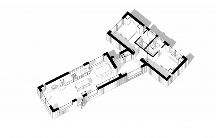 Avec ses 95 m2, cette composition réunit deux suites à l’extrémité d’un séjour et d’une cuisine.