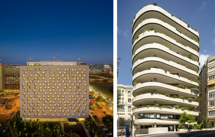 A gauche, le B Hotel de Brasilia, dont Isay Weinfeld a conçu à la fois l’architecture et l’aménagement intérieur (Brasilia, 2018). A droite, immeuble résidentiel La Petite Afrique (Monte-Carlo, 2017).