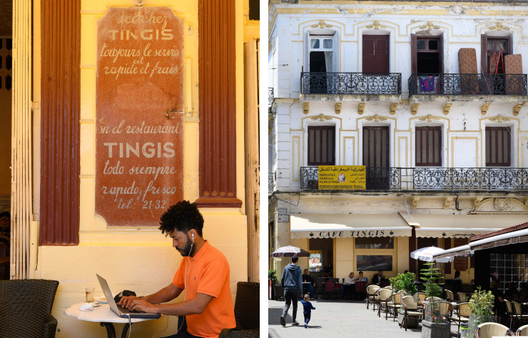 Place du Petit-Socco, haut lieu de la branchitude tangéroise, le café Tingis, conçu par l’architecte Diego Jiménez Armstrong, existe depuis 1910 environ.