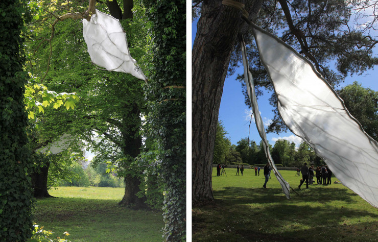 La Japonaise Shigeko Hirakawa s’est emparée des arbres du parc pour y arrimer de poétiques ailes d’insectes volants.
