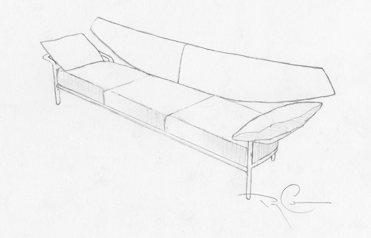 Croquis pour « Ibis », son premier canapé pour Bernhardt Design.