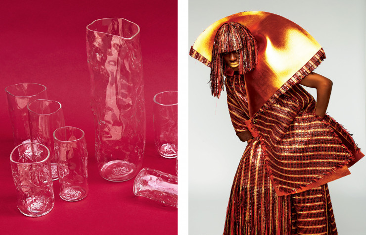 Vase et verres chez Store Store. A droite : Robe de la collection « It Was Better Tomorrow » de Benjamin Ben Moyal.