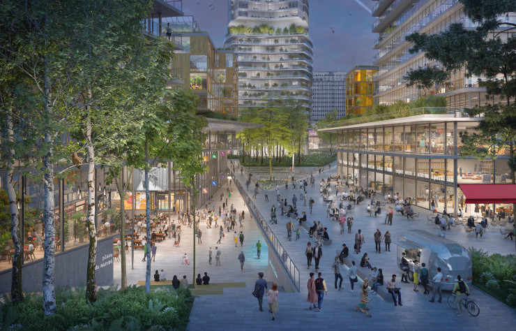 Taillés dans la structure du centre commercial, de nouveaux espaces publics mettent l’accent sur l’échelle du piéton.