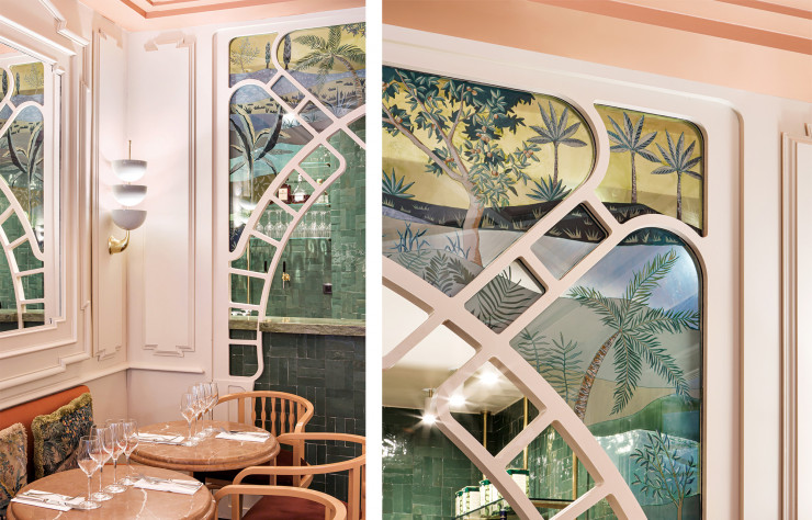 Chez Ferona, le plafond est habillé de treillage, les appliques florales suggérent l’éclosion, et les peintures de la faune et de la flore sur vitrail ont été imaginées par Redfield & Dattner…