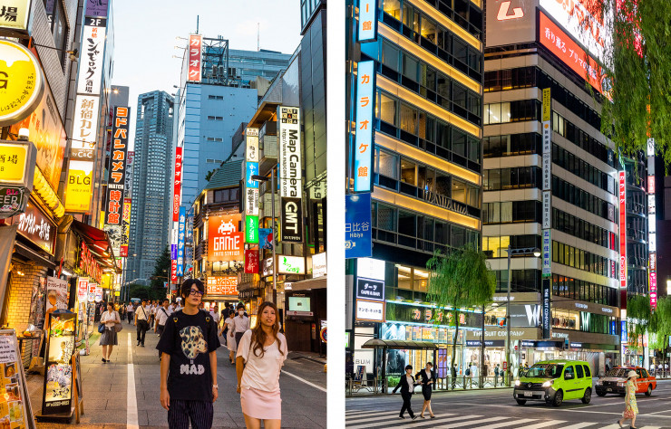 Game stations, magasins d’électronique, bars de poche et karaokés, Shinjuku (à gauche) concentre les néons les plus criards et la vie nocturne la plus intense. Mais Ginza (à droite) n’est pas en reste. Ses larges avenues regorgent d’écrans lumineux qui hypnotisent le promeneur.