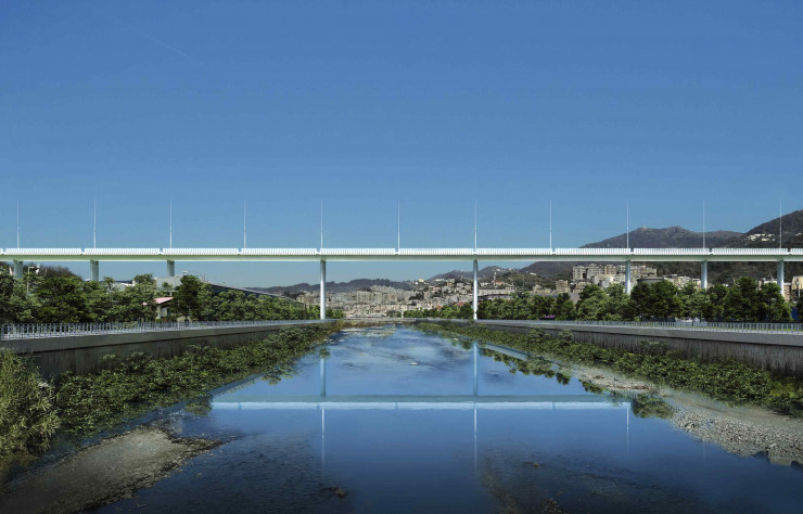 Image de rendu du viaduc édifié en un temps record pour succéder au pont Morandi. Enjambant le val Polcevera et le cours d’eau éponyme, il permet d’accéder à la ville de Gênes par l’autoroute A10.