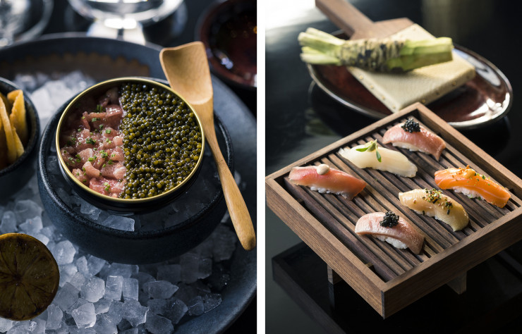 Les plats prolongent le voyage dans l’esprit de riz soufflé, tartare de saumon, carpaccio d’hamachi, king crab, gambas façon shabu‐shabu…