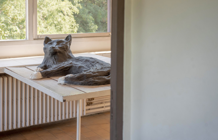 Alangui sur la table de la cuisine, ce chat en céramique répond à l’horizontalité des ouvertures en bandeaux avec une silhouette étrangement étirée.