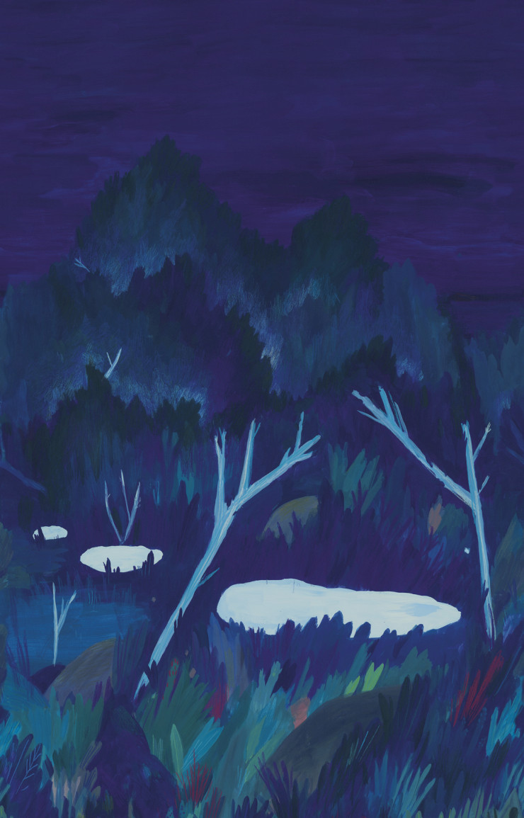 Adryades (Nobilis) peint à la main, ce mystérieux paysage nocturne nous plonge au cœur d’une forêt à l’atmosphère féérique.