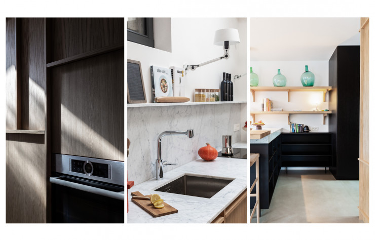 À Biarritz, Delphine Carrère crée un contraste dans cette cuisine qui présente des meubles bas en métal noir opposés au plan de travail en marbre de Carrare, au plateau, aux étagères et aux colonnes en chêne massif.