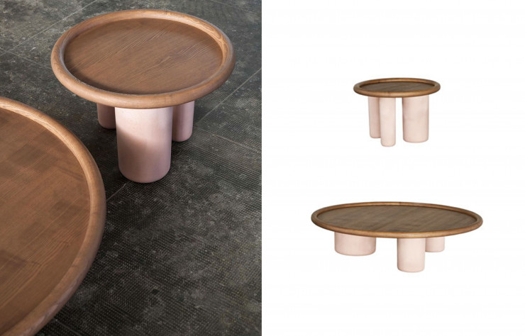 Tables basses Pluto (Tacchini, 2020). Ces tables sculpturales sont disponibles en deux tailles. Plateau en bois massif avec un bord arrondi et trois pieds en béton massif de différents diamètres.
