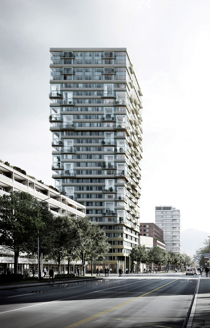 Avec une hauteur de 80 mètres, Pi est une tour d’habitation à la structure entièrement réalisée en bois local pour réduire l’empreinte carbone. Les logements à loyer modéré seront proposés en priorité aux collaborateurs de V-ZUG et alimentés en chauffage par le centre multi-énergie du Tech Cluster Zug.