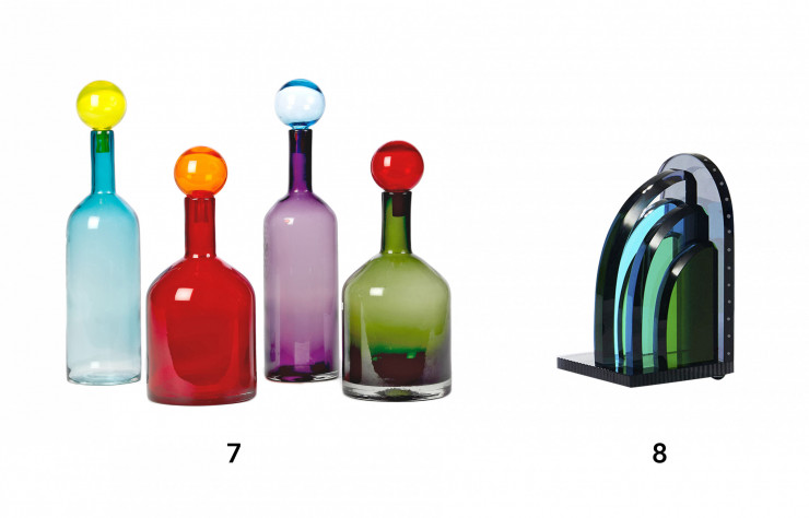 7. Set de quatre carafes Bubbles & Bottles en verre, 262 €. Pols Potten sur Madeindesign.com.8. Serre-livres Tribeca en cristal, 333 €. Reflections Copenhagen.