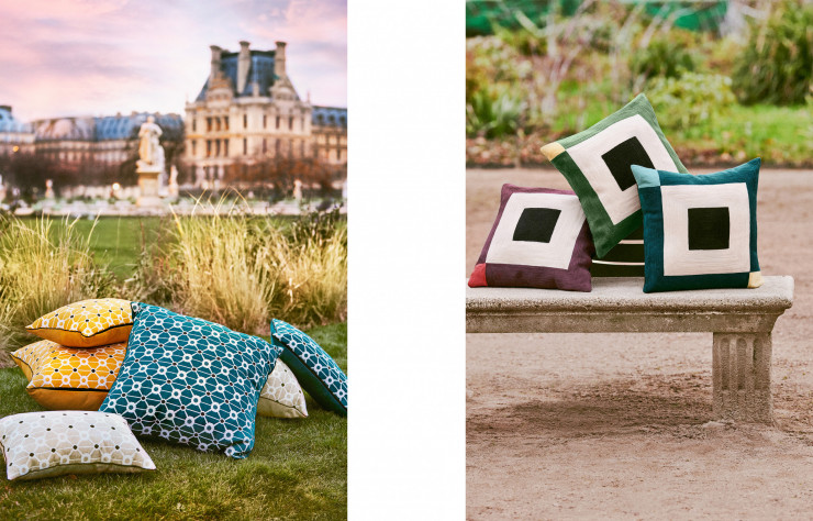 Des coussins en velours dont les motifs géométriques répondent à ceux des Tuileries.