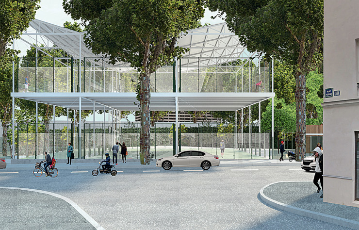 Un centre de padel tennis implanté dans un square parisien, rue Castagnary (XVe). Il réunit six terrains sur deux niveaux.