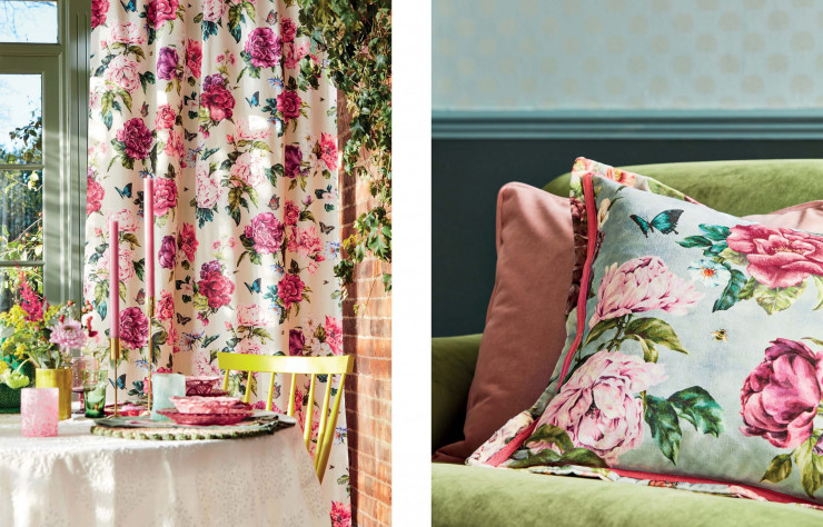 Coussins et rideaux en tissu Summer Peony en coton et polyester, 152 € le mètre de 132 cm de largeur, existe en trois coloris. Sanderson.