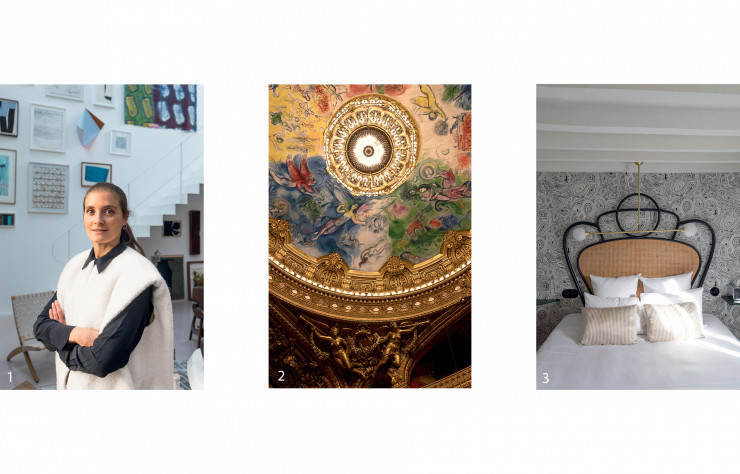 1/ Spécialisée dans les œuvres petits et moyens formats à fort pouvoir décoratif, la marchande d’art Amélie du Chalard expose ses trouvailles dans un espace de la rue Clauzel, entre appartement et galerie. 2/ Au palais Garnier, temple de l’art lyrique et du ballet, un merveilleux plafond signé Chagall. 3/ Dorothée Meilichzon a le don des mélanges qui attrapent l’œil : à l’Hôtel Panache, elle fait dialoguer des têtes de lits en cannage Art nouveau avec des papiers peints presque pop.