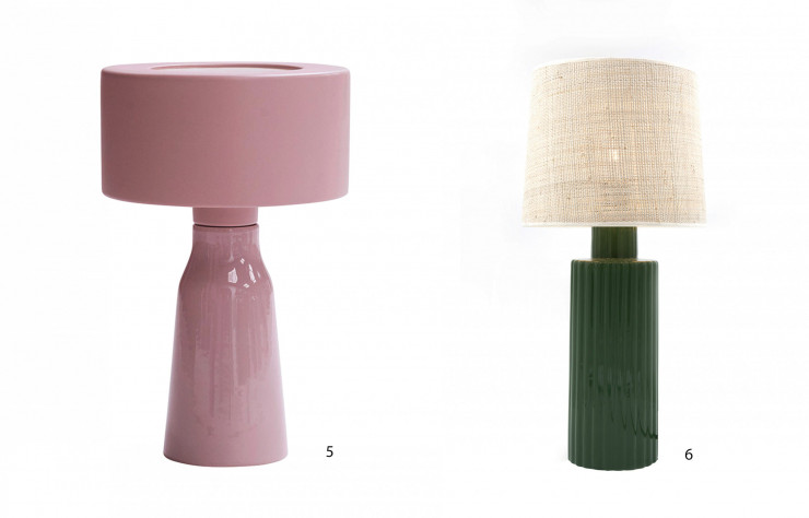 5/ Lampe à poser Tandem en faïence, design Aurélie Richard, 611 €. Faïencerie de Charolles.6/ Lampe de table Portofino en céramique et rabane, 360 €. Maison Sarah Lavoine.