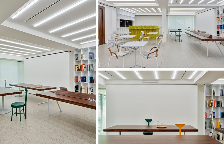 Dans la librairie/bibliothèque comme dans tous les espaces de la fondation, la création du mobilier a été confiée à des artistes.