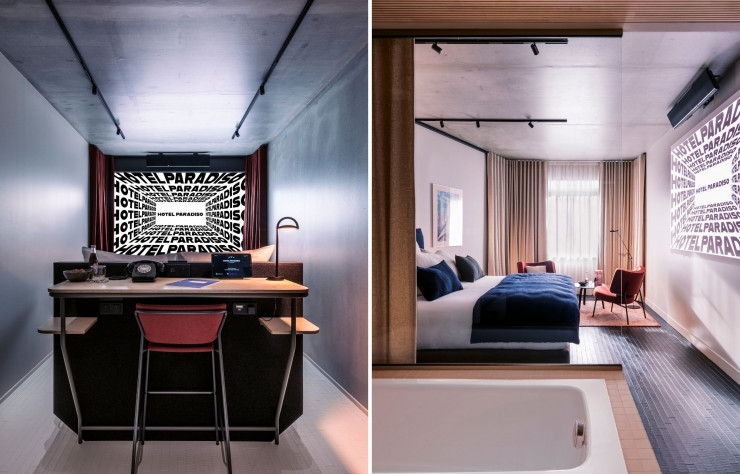 A gauche : Chaque chambre dispose d’un écran de 3 mètres pour les projections privées. A droite : Chambre double.