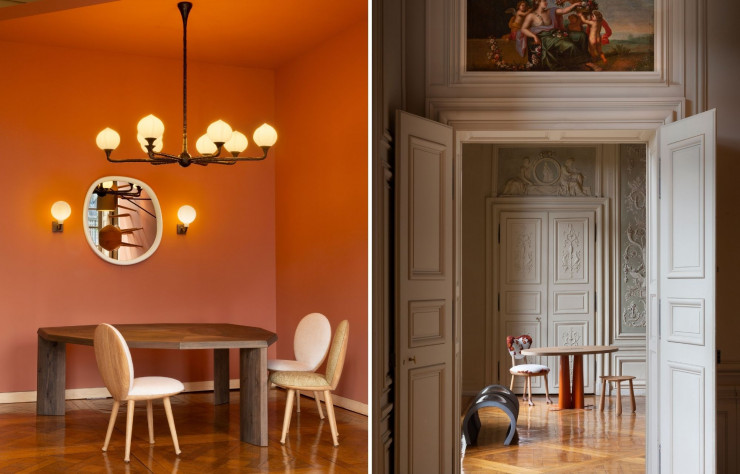 A gauche : « Chaise Clam » et table « Rochefort ». A droite : « Table Roze ».