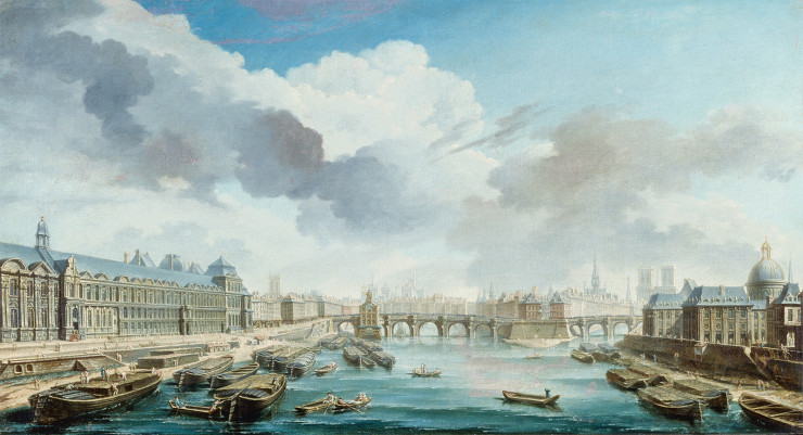 Peinture de Nicolas Raguenet (1755). représentant le Louvre, le Pont-Neuf et le collège des Quatres-Nations, vus du Pont Royal.