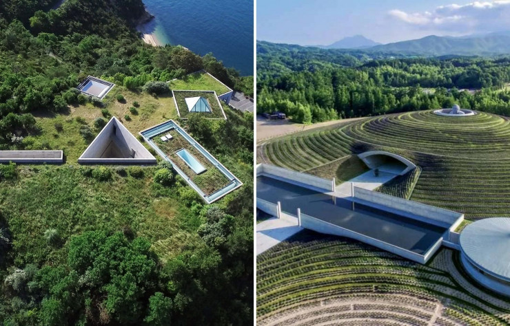 A gauche : Musée Benesse île de Naoshima (Japon, 2011). A droite : La colline de Buddha sur l’île de Hokkaido (Japon, 2015).