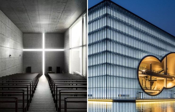A gauche : L’église de lumière à Osaka (1989). A droite : He Art Museum (HEM) à Shunde Guangdong en Chine (2020).
