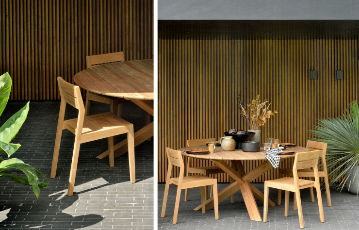 Chaise de salle à manger d’extérieur en teck EX 1 et table à manger d’extérieur Teak Circle (Ethnicraft).