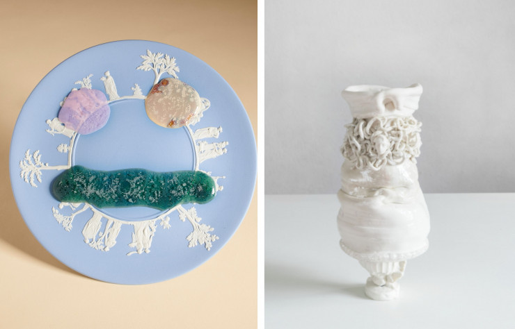 Assiette en céramique d’Attua Aparicio et vase en céramique de Sarah Pschorn.