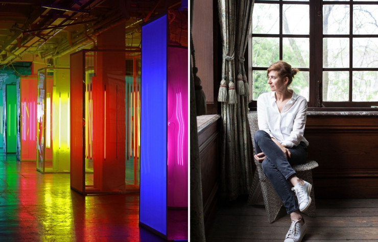 A gauche : « Remain in Light » de Liz West. A droite : Siegrid Demyttenaere, curatrice de l’exposition.