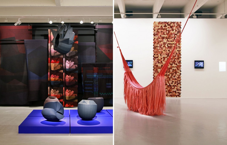 A gauche : « Colorful Black Installation » de Hella Jongerius. A gauche : Hamac rouge cochenille et panneau en marqueterie de feuilles de maïs de Fernando Laposse.