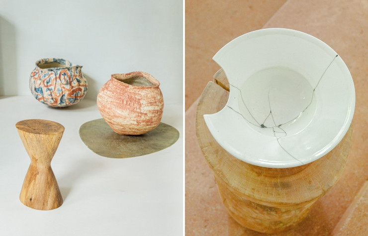 A gauche : Céramiques du céramiste Kazunori Hamana. A droite : Assiette réparée avec la méthode traditionnelle du kintsugi par Yukiki Kuroda.