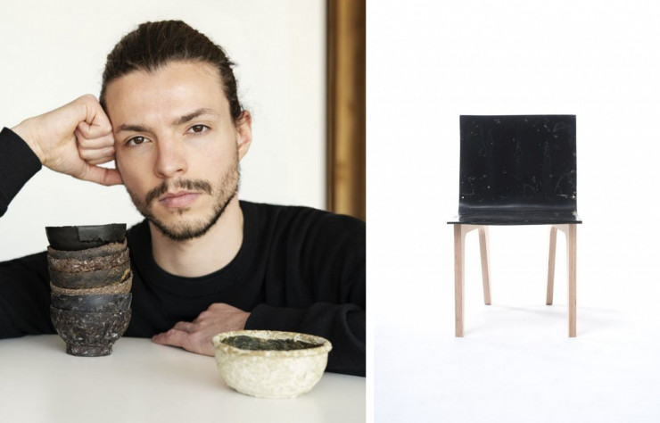 Le designer Samuel Tomatis avec ses bols et sa chaise Alga.