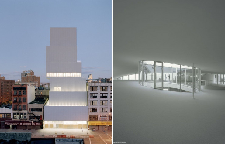 A gauche : Le New Museum de New York (2007). A droite : L’intérieur du Rolex Learning Center de Lausanne (2010).