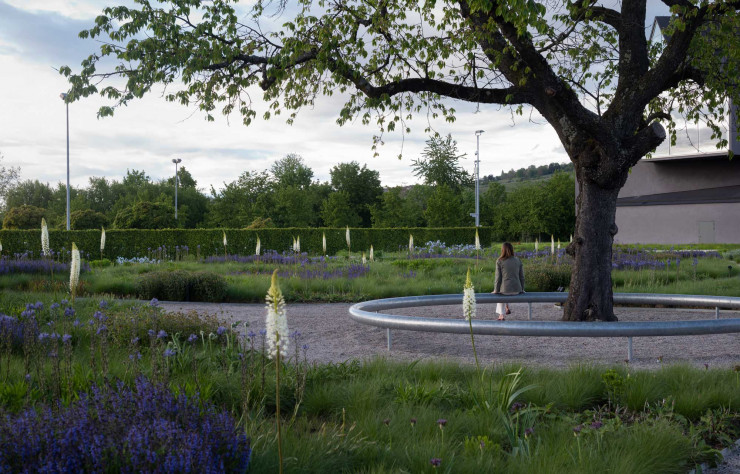 Le banc circulaire des Bouroullec est désormais cerné par le jardin de Piet Oudolf.